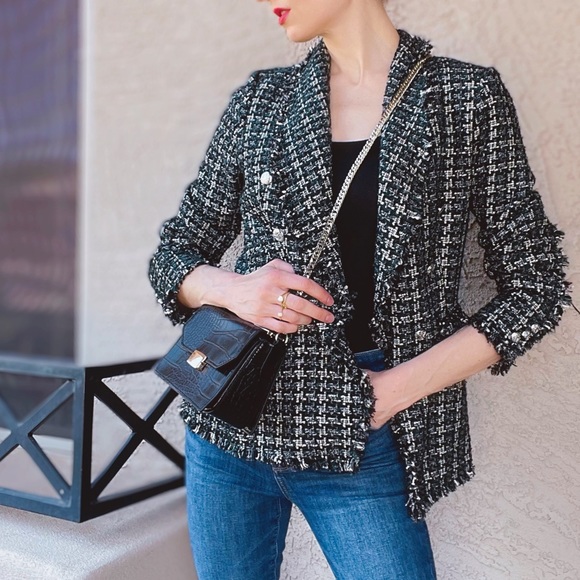 RACHEL ZOE Green & Black Textured Boucle Tweed Fringe Blazer Suit Jacket M - Picture 10 of 15